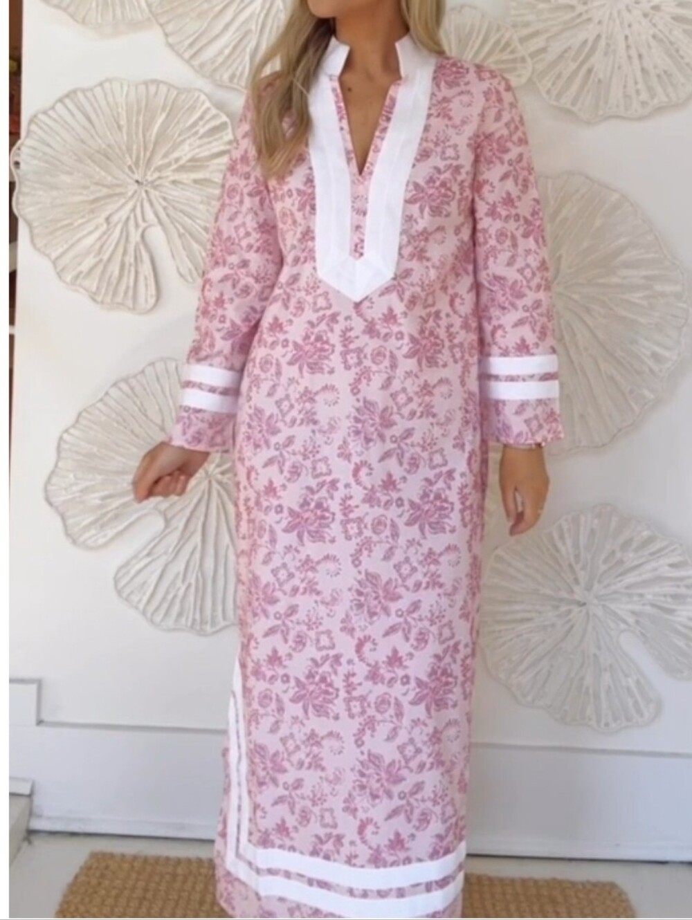 Sail To Sable NWT Pink Tunic Midi Floral Long Dress Baroque Floral White Trim XS